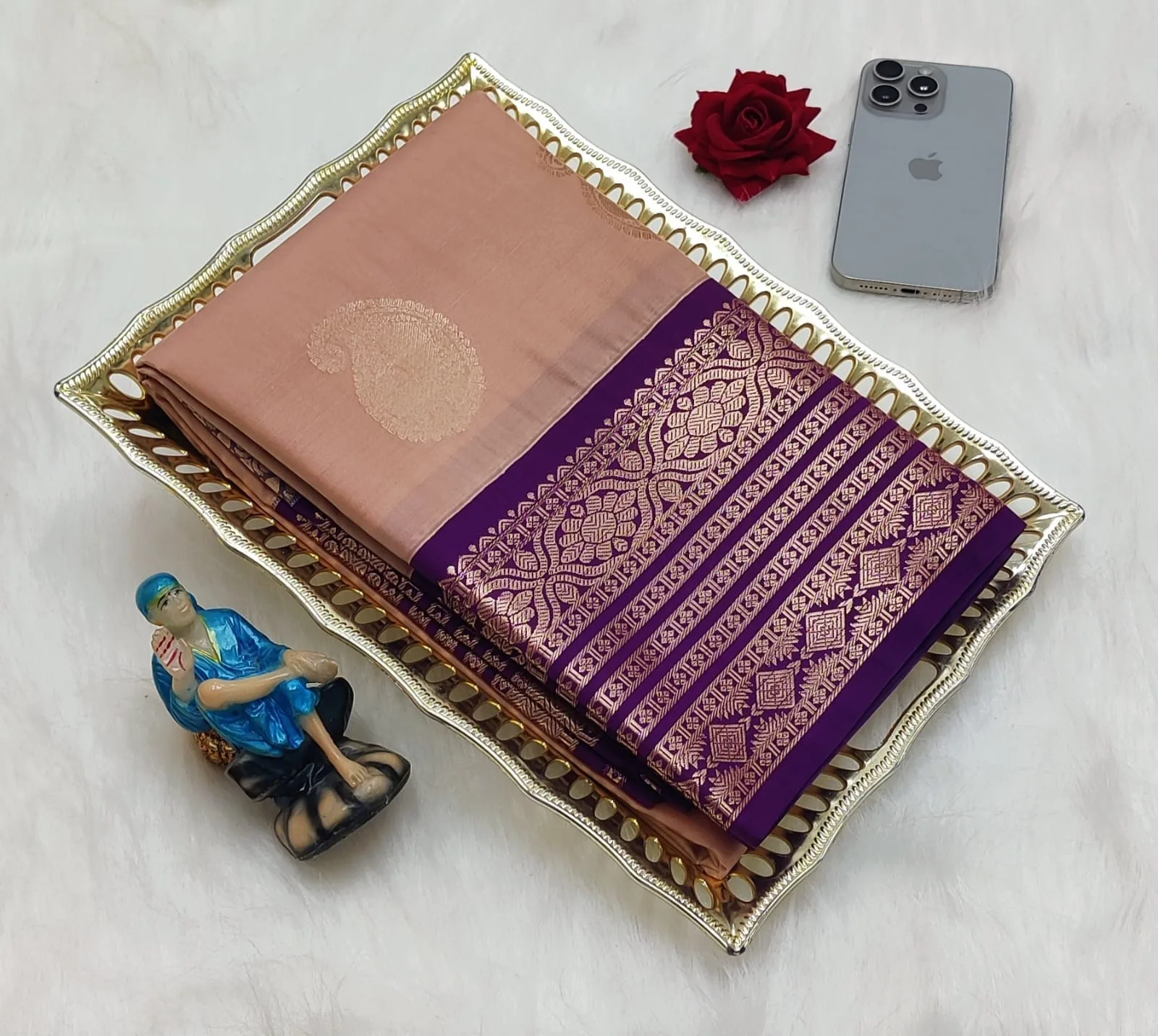 Paisley Motif with Purple Floral Border Korvai Soft Silk Saree